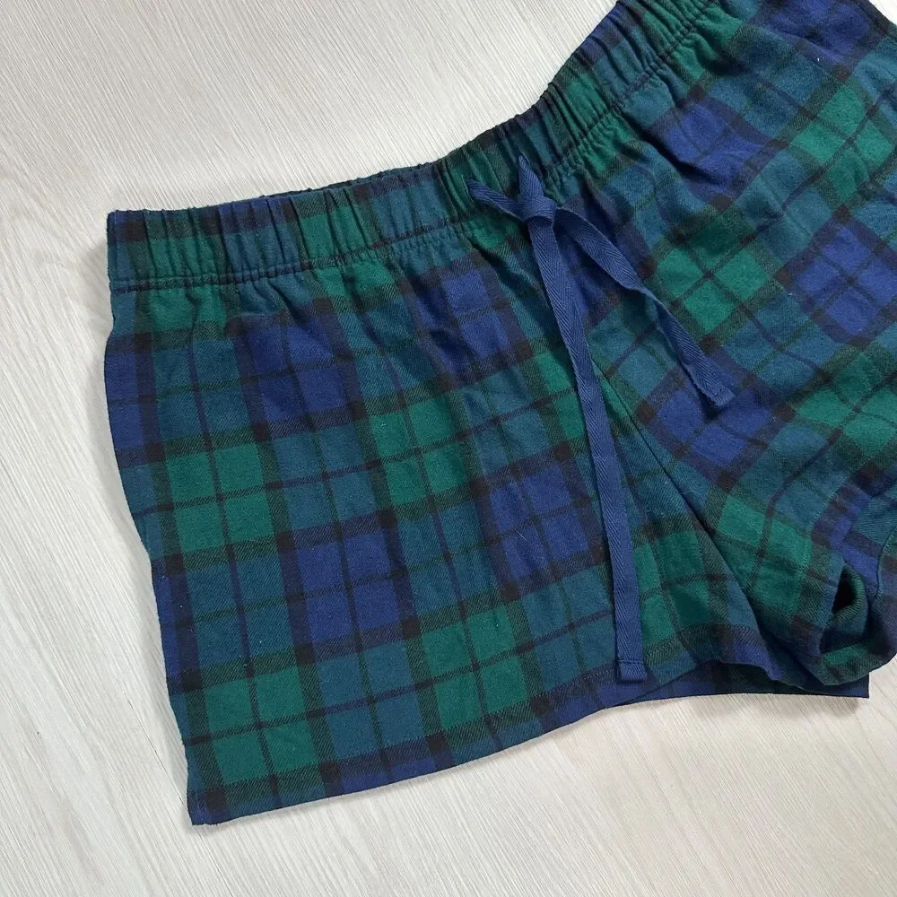 NEW SONOMA Women's XL Blue Green Plaid Elastic Waist 100% Cotton Pajama Shorts